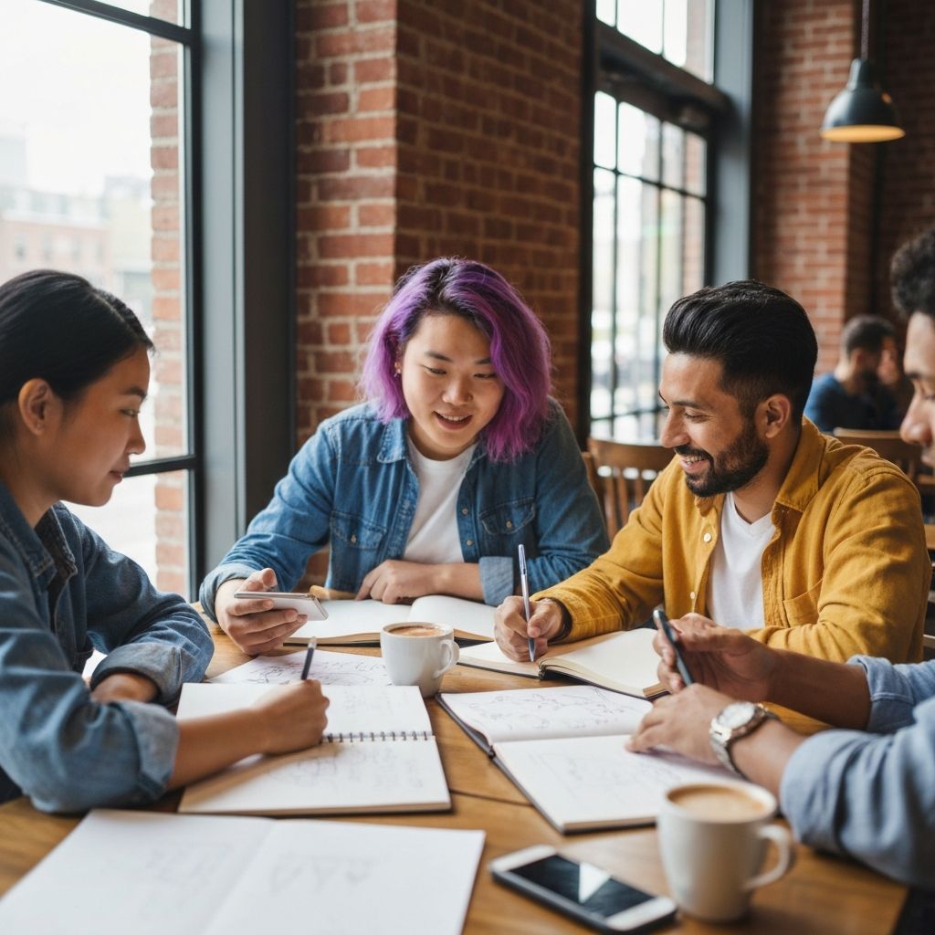 Students collaborating around a table with creative materials